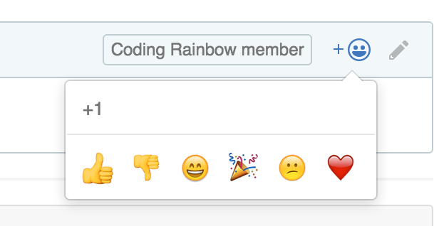 View the button to use in the to right of issues and comments to add a GitHub reactions.